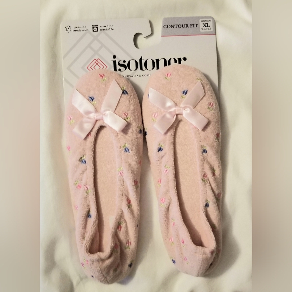 Women's Isotoner Terry Floral Embroidered Ballet Flat Sllippers -Size XL -New!!